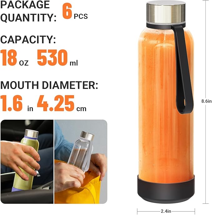 Sursip 18 oz Glass Water Bottles with Lids, Juice Bottles, Clear glass juice bottle for juicing, Eco-Friendly Reusable Glass Juicing Bottles with Stainless Steel Lid, BPA Free,Leak-Proof, Set of 6