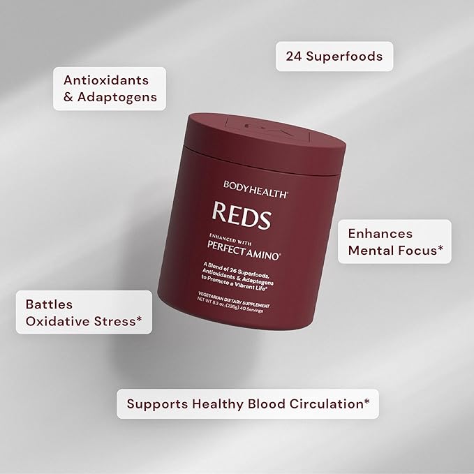 BodyHealth Reds Enhanced with PerfectAmino - Daily Superfood Smoothie Powder with Antioxidants, Adaptogens, Phytonutrients, Fruit, Prebiotics, Probiotics, Fiber, and Protein - 40 Servings