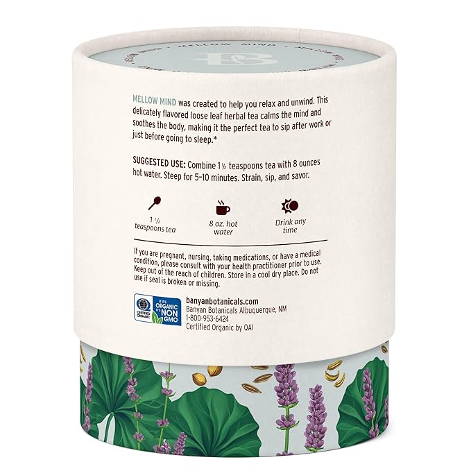 Banyan Botanicals Mellow Mind CCF Tea – Organic Lavender Chamomile Tea with Gotu Kola – Caffeine-Free Relaxation Tea for Stress Relief* – 1.5 oz. – Non-GMO Sustainably Sourced Herbal Loose Leaf Tea