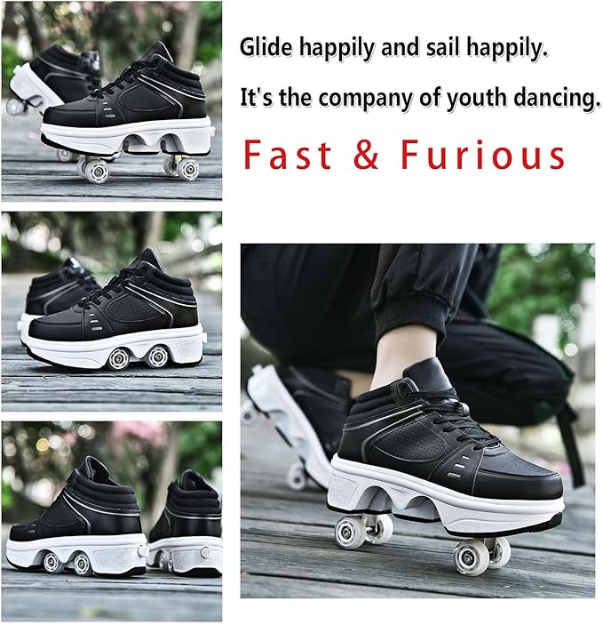 Roller Skate Shoes for Women Four Rounds Children's Roller Skates Shoes That Turn into Rollerskates Sneakers Outdoor Light Shoes with Wheels for Girls/Boys