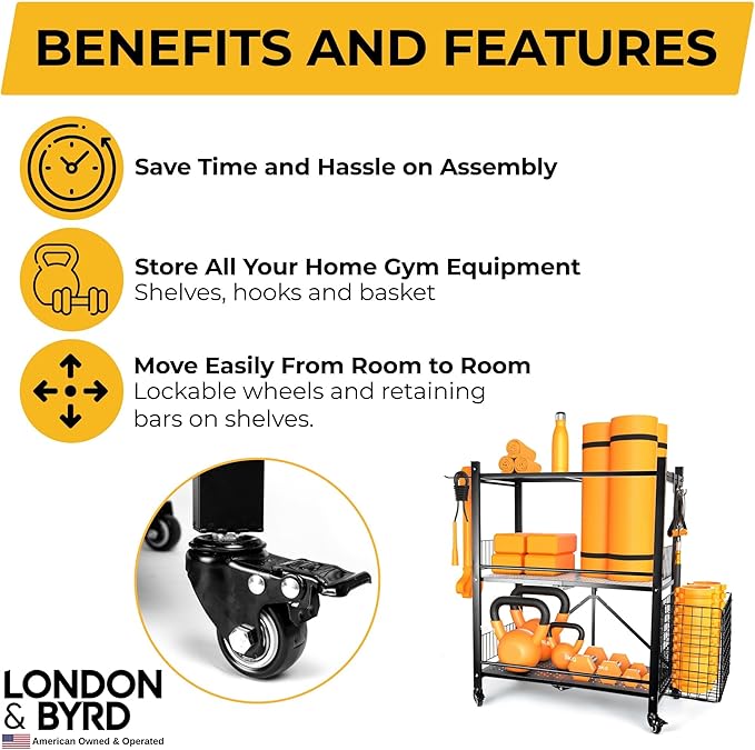 London & Byrd - No Assembly - Home Gym Storage Rack. Steel Construction, Heavy Duty Wheels, with Basket and Hooks. Great for Home Gym Equipment, Yoga mats, Kettlebells, and Small Dumbbell Storage.