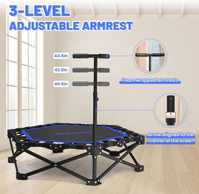 Foldable Mini Trampoline, Rebounder Trampoline with Adjustable Foam Handle, Fitness Trampoline for Indoor, Outdoor, Home Gym, Max Load 460 lbs