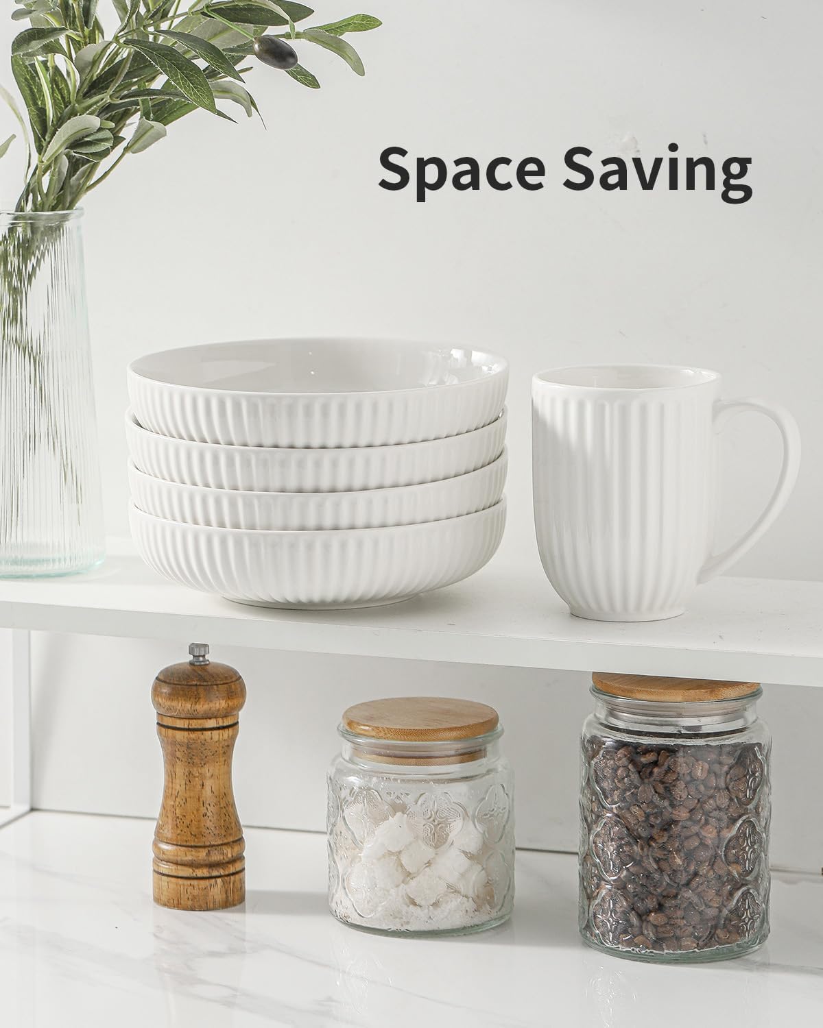 Hasense 8 Inch Pasta Bowls, 30 oz Ceramic Dinner Bowls Set of 4, Bowl Plates for Kitchen, Salad, Large Serving Bowl for Wedding & Housewarming Gift, Modern Bowls Microwave & Dishwasher Safe, White