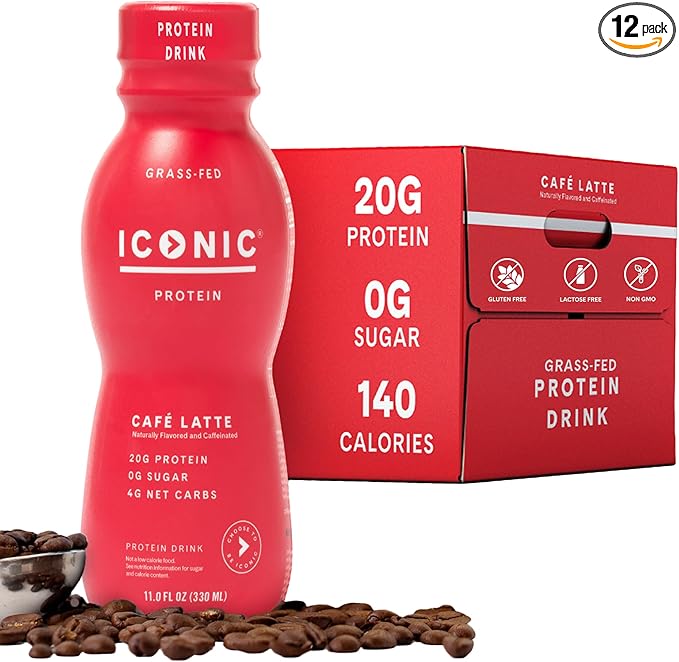 Iconic Protein Drinks, Café Latte (12 Pack) - Sugar Free & Low Carb - 20g Protein + 100mg Caffeine - Lactose Free, Gluten Free - Keto Friendly Protein Coffee
