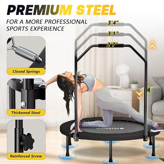 Rebounder Trampoline for Adults - 40" Foldable Mini Trampoline Fitness Rebounder with Adjustable U-Bar Handle, Max Load 350lbs,Stable Quiet Indoor/Outdoor Exercise Equipment