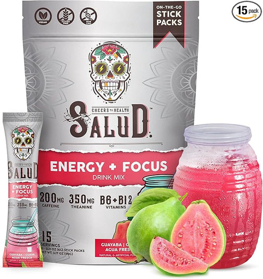 Salud 2-in-1 Energy Drink Powder + Focus, Guava, Organic Caffeine, B6 + B12, Theanine, Clean Energy Drink Packets, Guayaba Agua Fresca Mix, Non-GMO, Gluten Free, Vegan, 1g of Sugar, (15 Servings)