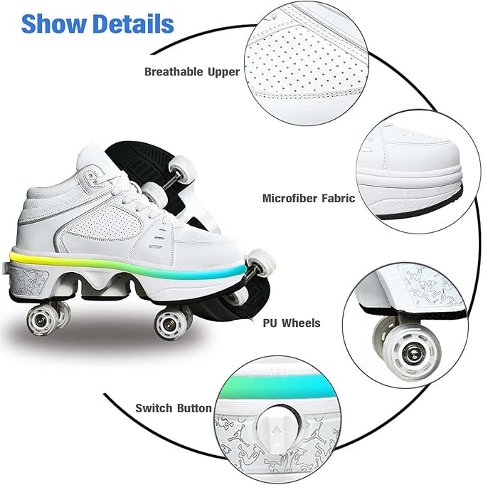 Roller Skate Shoes for Women Four Rounds Children's Roller Skates Shoes That Turn into Rollerskates Sneakers Outdoor Light Shoes with Wheels for Girls/Boys