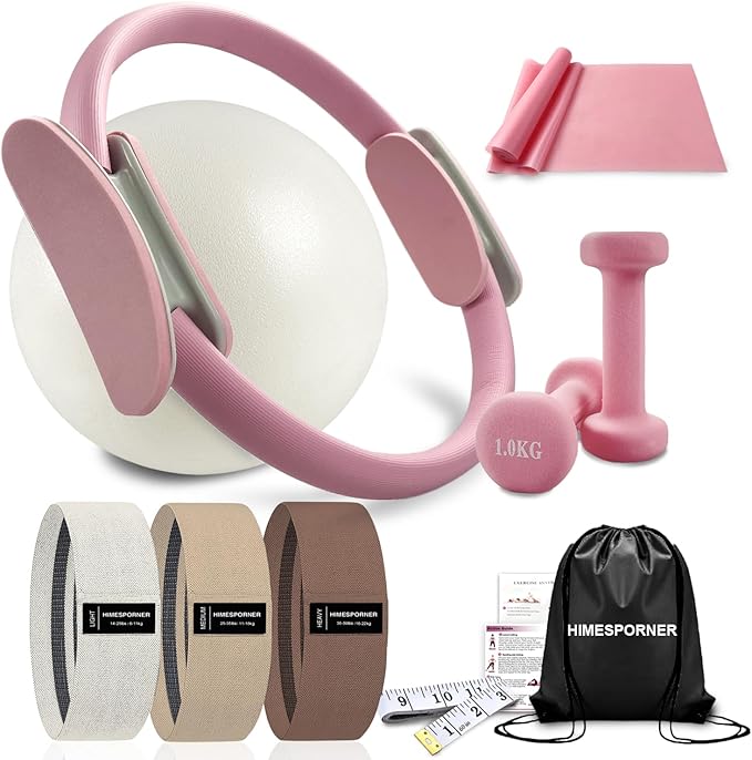 Pilates Ring Set 9 PCS, Magic Circle Yoga Ring, Pilates Ball, 2.2lb *2 Dumbbells, Resistance Bands, Tape Measure, Pilates Weight Kit Equipment Accessories for Home Workouts Fitness Yoga