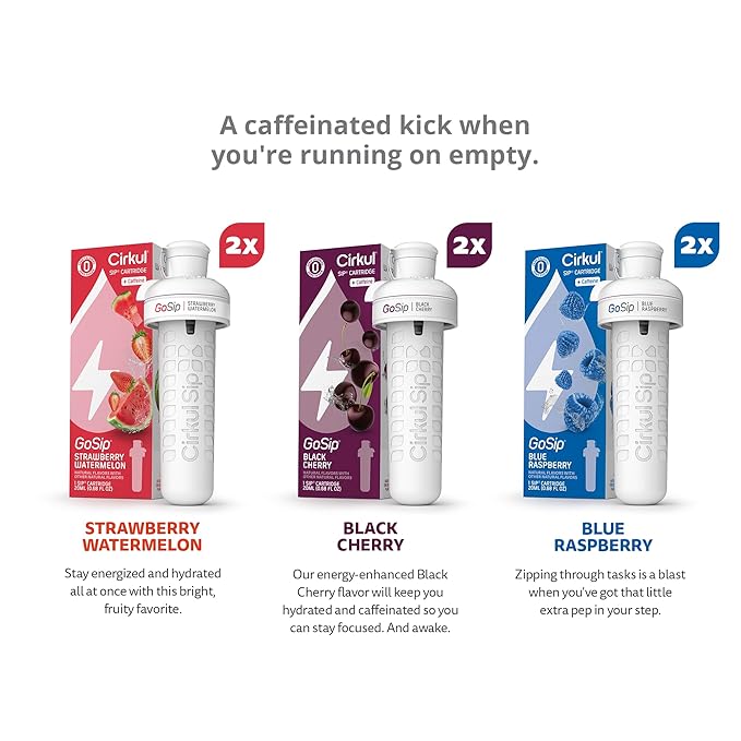 Cirkul GoSip Flavor Cartridge Variety Pack with Caffeine, 6-Pack (2 Blue Raspberry, 2 Black Cherry, 2 Strawberry Watermelon), No Sugar, Zero Calorie Drink Mix