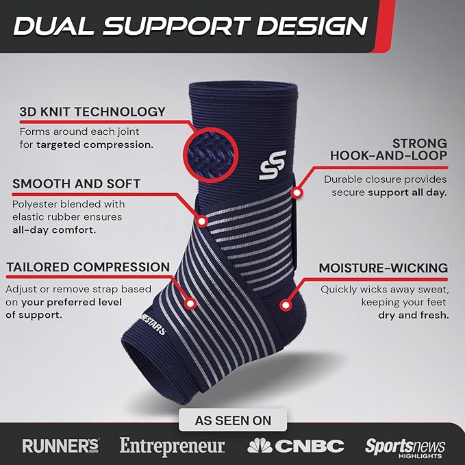 Sleeve Stars Ankle Brace for Women & Men, Ankle Wrap for Sprain, Compression Sleeve for Plantar Fasciitis Relief, Easy Customizable Support: w/ Removable Strap (Single/M:10"-12"/Navy Blue)