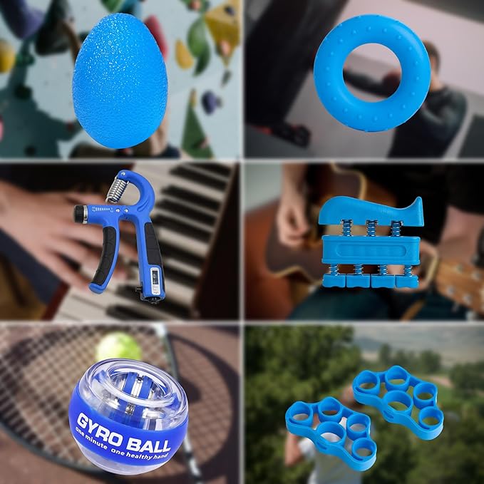 Hand Grip Strengthener Workout Kit (8 Pack) Forearm Grip Adjustable Resistance Hand Gripper, Finger Stretcher, Finger Exerciser, Grip Ring,Gyro Ball