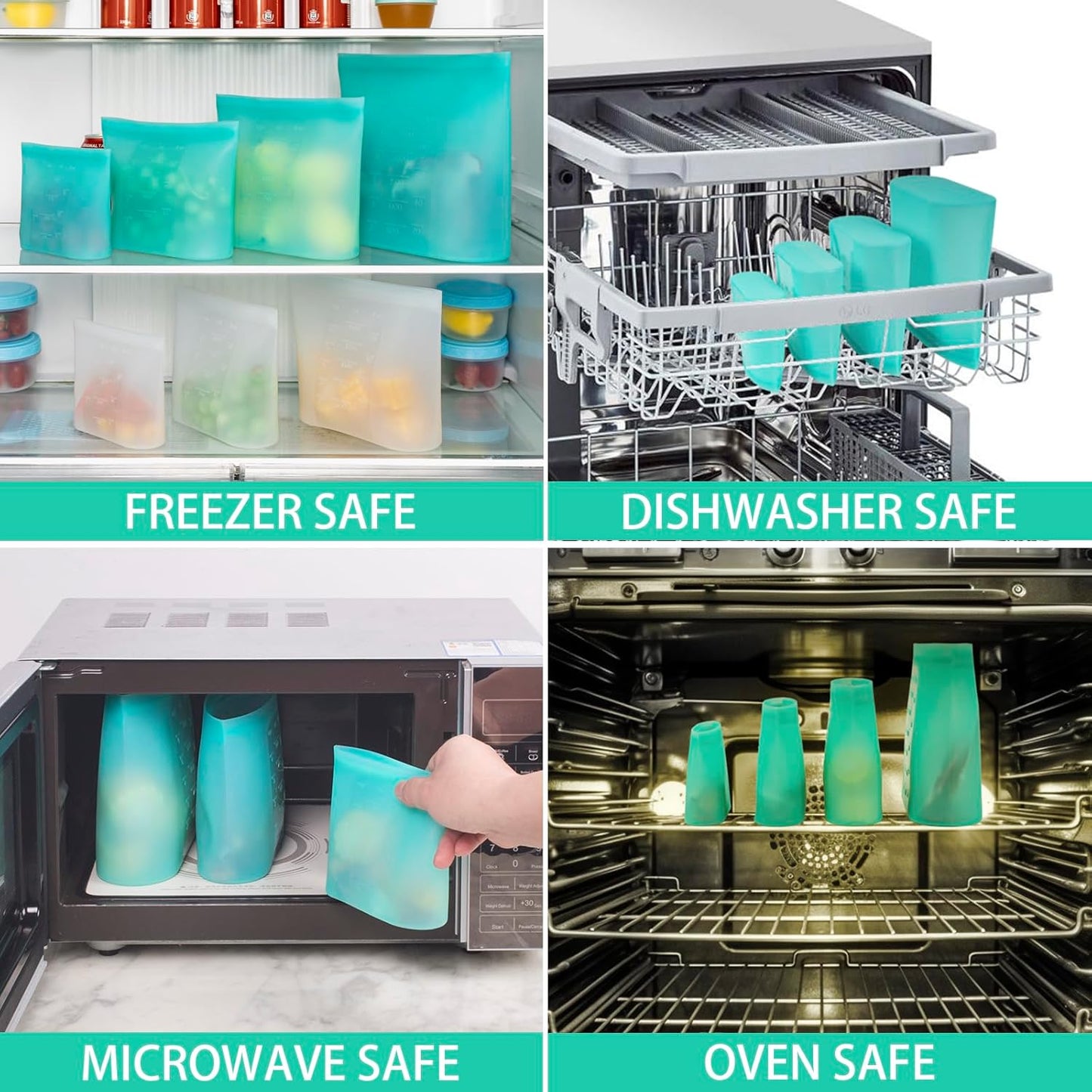 Reusable Storage Bag, 8 Pack 100% Silicone Food Storage Bags Stand Up Zip Lock Bags for Food Container, Freezer Microwave Oven Dishwasher Safe, 2 X-Large(0.8 Gallon) 2 Medium 2 Small 2 X-Small, Aqua