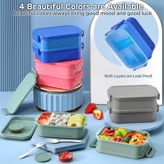 DaCool Bento Box Adults Lunch Container - 74 OZ Stackable Leakproof Bento Lunch Box for Adults Men Boys Teens Large Lunch Box Containers with Fork Spoon Sauce Boxes for Work School Dining Out, Blue