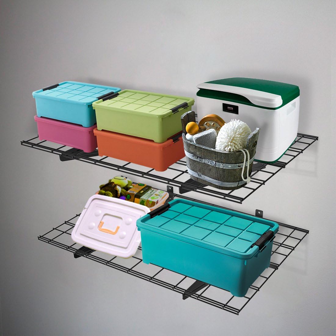 FLEXIMOUNTS 2 Pack 2x4ft Garage Shelving, Wall Shelf Garage Storage Rack, 24-inch-by-48-inch, Black