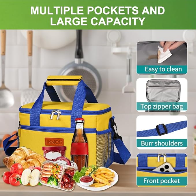 iknoe Large Foldable Cooler Bag, 8.5L Insulated Lunch Bag, Leakproof Lunch Cooler Tote with Multi-Bag Design Suitable for Beach, Picnic and Office Use,Yellow 15-Can