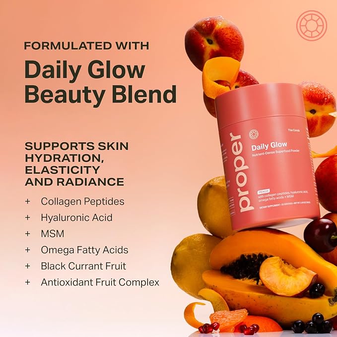 Proper, The Corals Daily Glow Beauty Blend - Nutrient Dense Superfood Powder with Collagen Peptides, Hyaluronic Acid Powder, Vitamin C, and MSM. Hair, Skin, Nail Vitamin Supplement for Women & Men