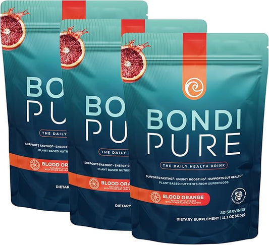 Bondi Pure - Daily Health & Detox Drink - Promote Gut Health & Energy Support During a Cleanse or Intermittent Fasting - Plant-Based Fibers, Alkalizing Super Greens - Blood Orange (3-Pack)