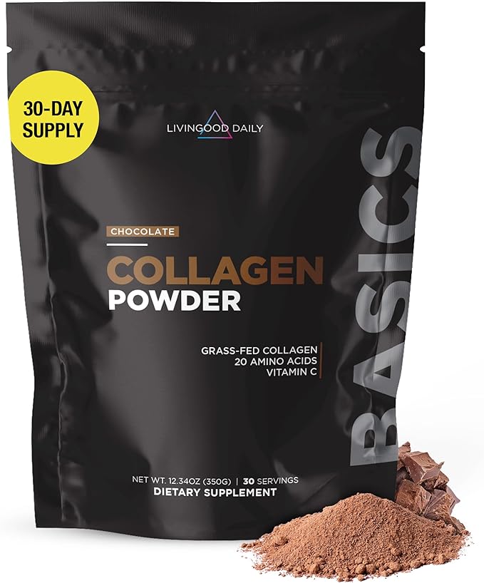 Livingood Daily Chocolate Collagen Powder for Women & Men, Hydrolyzed Collagen Peptides Powder with Vitamin C, Protein with 20 Amino Acids, Type I & III, Grass Fed, Keto, Paleo, Gluten Free, 30 Srvgs