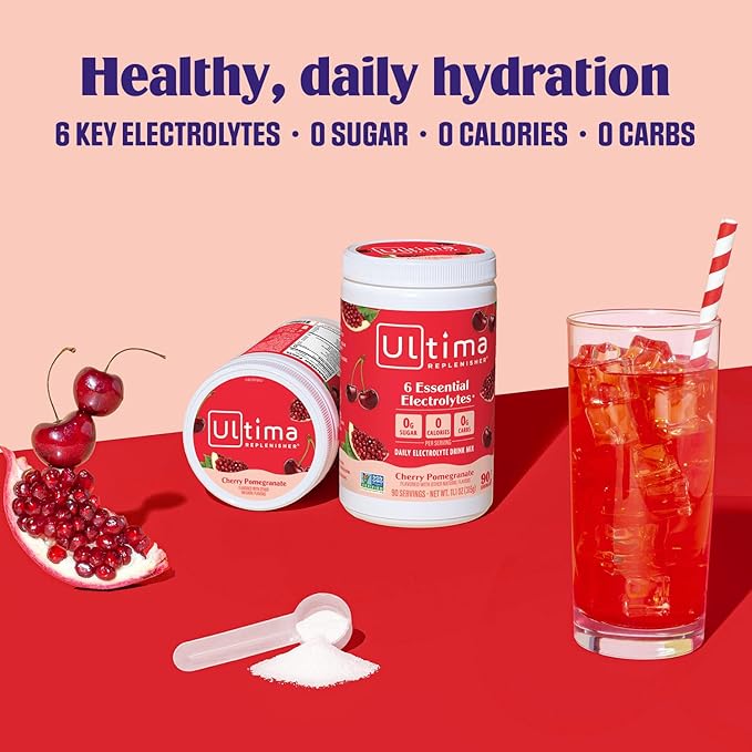 Ultima Replenisher Daily Electrolyte Powder Drink Mix – Sugar Free – Cherry Pomegranate, 90 Servings – Hydration Powder with 6 Electrolytes & Minerals – Keto Friendly, Vegan, Non-GMO