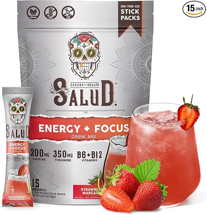 Salud 2-in-1 Energy Drink Powder + Focus, Strawberry Margarita, Organic Caffeine, B6 + B12, Theanine, Clean Energy Drink Packets, Agua Fresca Mix, Non-GMO, Gluten Free, Vegan, 1g of Sugar, (15 Servings)