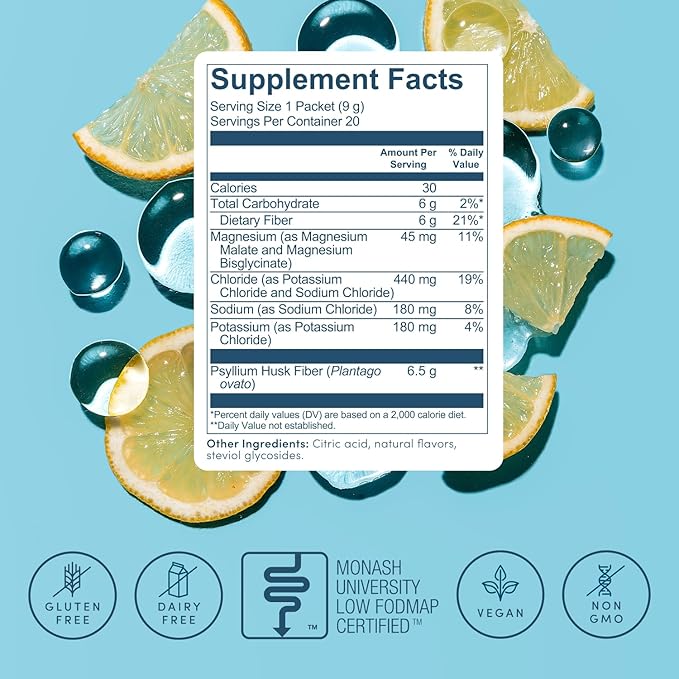 Psyllium Husk Fiber Lemonade 20 Count Travel Packs (6g Per Packet) - Psyllium Husk Powder for Digestive Health & Bloating Relief, Gluten Free, Sugar Free Prebiotic Fiber Powder, Non-GMO Supplement