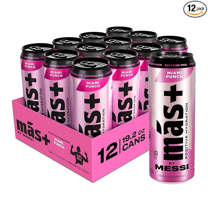 Más+ By Messi 19.2oz Miami Punch Sports Drink & Hydration Beverage, Natural Flavors with Vitamins and Electrolytes, No Artificial Sweeteners or Colors, 12-pack