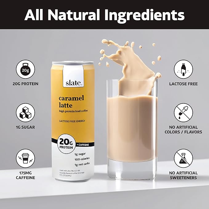 Slate Milk - High Protein Iced Coffee - Caramel Latte - 175mg Caffeine, Lactose Free Energy - 20g Protein, 1g Sugar, 100 Calories, 1g Net Carbs, No Sugar Added - Protein Coffee - 11 fl oz, 12 Cans