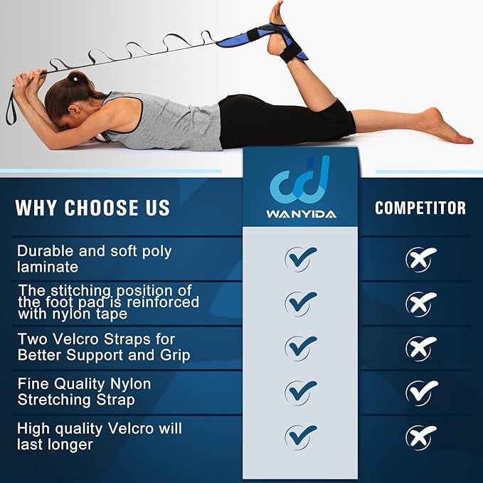 Foot and Calf Stretcher for Plantar Fasciitis, Achilles Tendonitis, Heel Spurs, Drop Foot. Yoga Stretching Strap for Leg, Thigh and Hamstring (Blue)