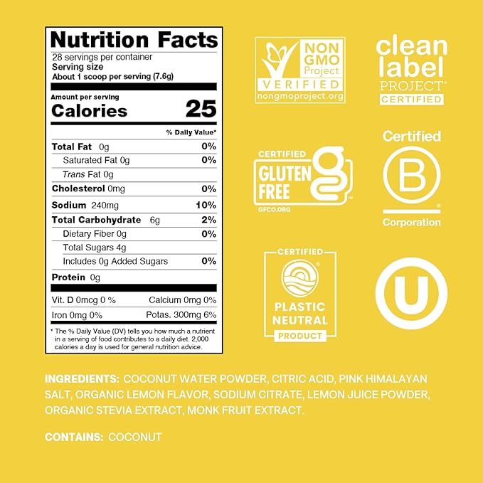 Cure Hydration | Plant-Based Electrolyte Drink Mix | No Added Sugar | FSA-HSA | Dehydration Relief Powder Made with Coconut Water | Non-GMO | Vegan | 28 Servings Jar - Lemonade