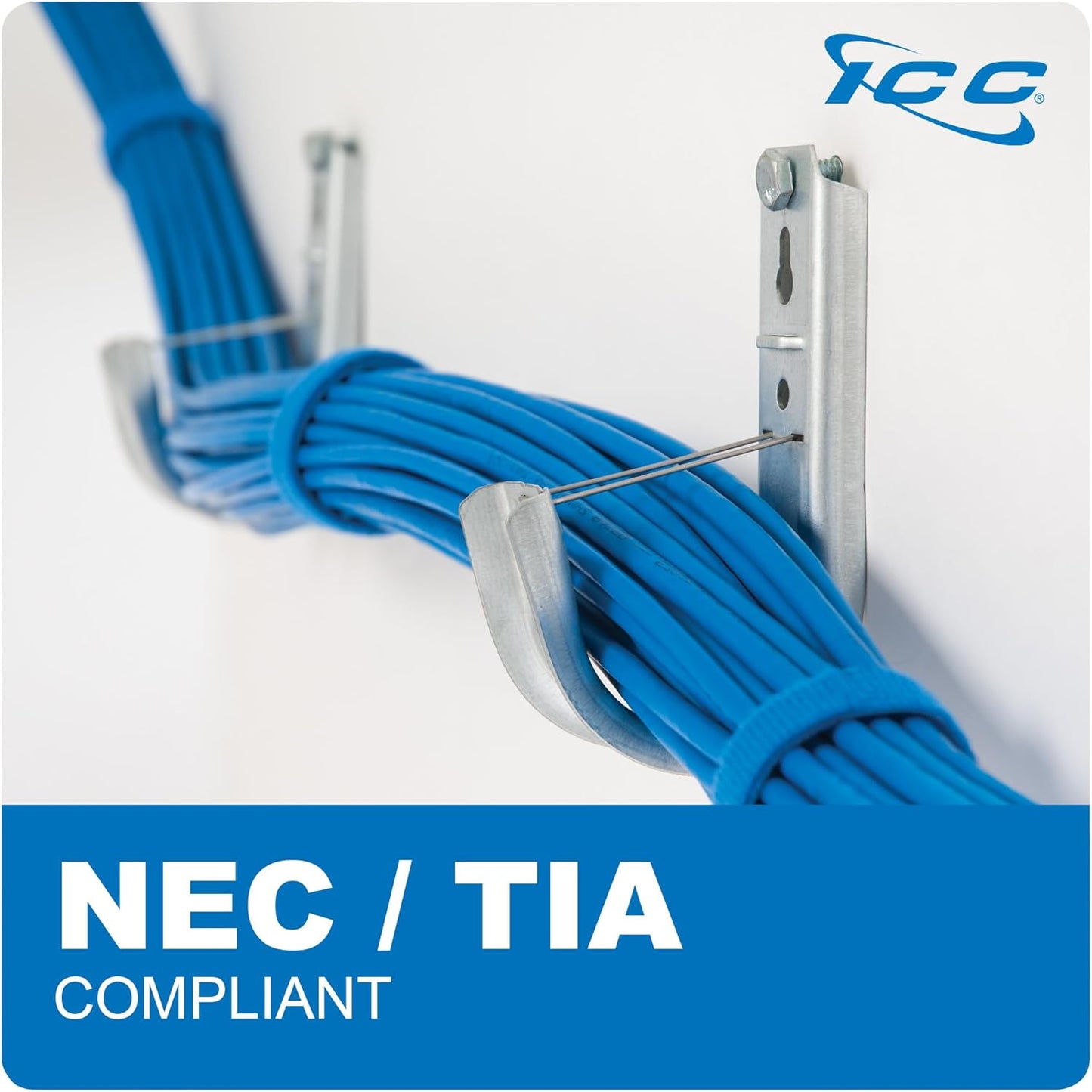 ICC 2-Inch Wall Mount J-Hook – 25-Pack, Cable Support Hooks with Retainer Clips, Galvanized Steel with Zinc Finish – for Structured Cabling and Cable Management