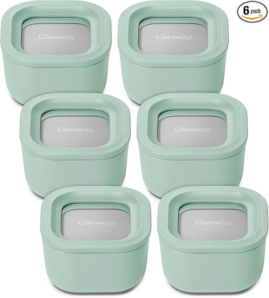 Caraway 6pc Food Storage Container Set - 1.75 Cup Glass Storage Container for Food (6) - Non-Toxic Ceramic-Coated Glass - Air Release Technology - Compact & Stackable Design - Mist