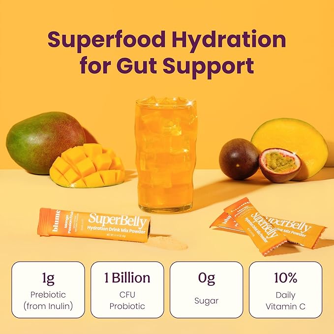Blume SuperBelly Gut Health and On-The-Go Hydration Packets, Sugar-Free, with Prebiotics, Probiotics, Apple Cider Vinegar, Vitamin C, and Electrolytes, Mango Passion Fruit, 15 Sticks