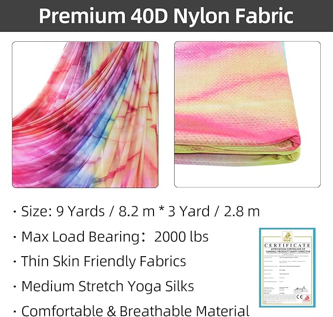 PRIOR FITNESS Aerial Silks Kit Colorful 9/15/20 Yards 40D Nylon Fabric Hammock Set With Hardware & Guide for All Levels Of Aerial Yoga Practice and Acrobatic Flying For Adults Aerial silk