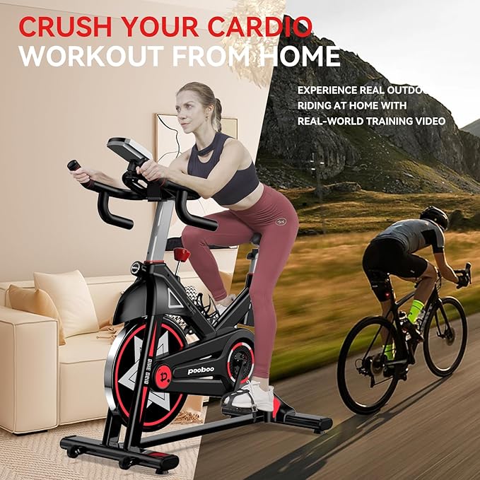 POOBOO Exercise Bike, Stationary Bike for Home Gym, Indoor Cycling Bike w/Comfortable Seat Cushion & Tablet Mount, Silent Belt Drive Indoor Bike for Cardio Workout