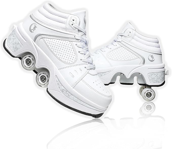 Roller Skate Shoes for Women Four Rounds Children's Roller Skates Shoes That Turn into Rollerskates Sneakers Outdoor Light Shoes with Wheels for Girls/Boys