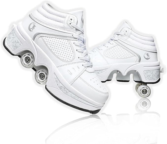 Roller Skate Shoes for Women Four Rounds Children's Roller Skates Shoes That Turn into Rollerskates Sneakers Outdoor Light Shoes with Wheels for Girls/Boys