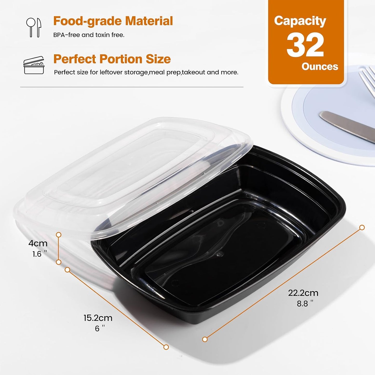 Glotoch Meal Prep Containers Reusable, 50Pack 32oz Plastic Food Prep Storage Containers with Lids,BPA Free,Microwave, Dishwasher Safe Disposable To Go Containers for Meal Plan,Single Compartment