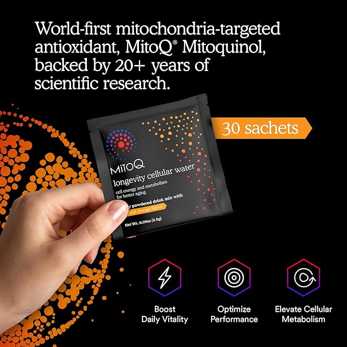 MitoQ Longevity Cellular Water Daily Powdered Drink Mix Natural Orange Flavor - Mitochondria-targeted Antioxidant - Cell Energy and Metabolism for Better Aging (Orange, 30 Packets)