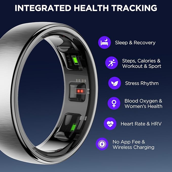 Smart Ring for Women Men, Activity Fitness Tracker with 24/7 Heart Rate Monitor, Waterproof Sleep Tracker Fitness Ring, Step Counter, Calorie Pedometer, No APP Fee,for iOS Android (Silver,#12)