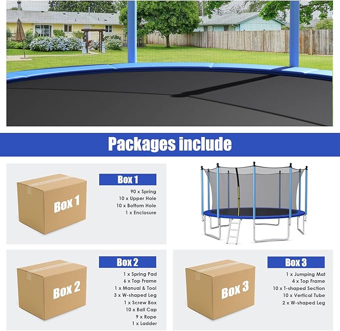 GYMAX Trampoline, 8FT 10FT 12FT 14FT 15FT 16FT Recreational Trampolines w/Safety Enclosure Net & Ladder - ASTM Certificated, Outdoor Trampoline for Kids and Adults
