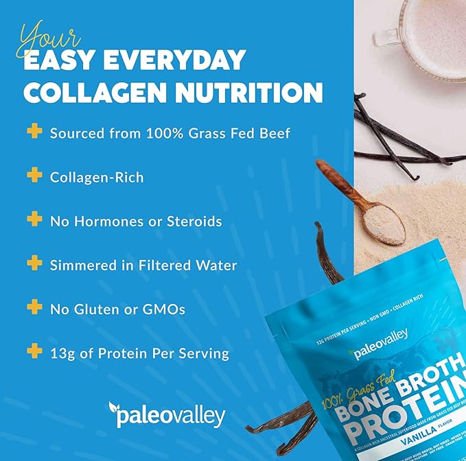Paleovalley 100% Grass Fed Bone Broth Protein Powder - Vanilla - Rich in Collagen for Hair, Skin, Gut Health, Bone and Joint Support - 28 Servings