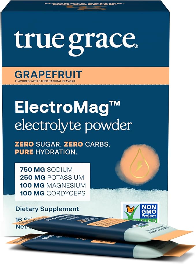True Grace ElectroMag - 16 Stick Packs - Grapefruit - Electrolyte Powder for Rapid Hydration - Sodium, Potassium, Magnesium & Cordyceps - Zero Sugar & Carbs - Non-GMO - 16 Total Servings
