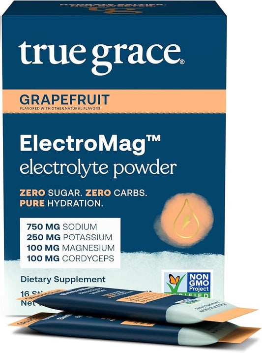 True Grace ElectroMag - 16 Stick Packs - Grapefruit - Electrolyte Powder for Rapid Hydration - Sodium, Potassium, Magnesium & Cordyceps - Zero Sugar & Carbs - Non-GMO - 16 Total Servings