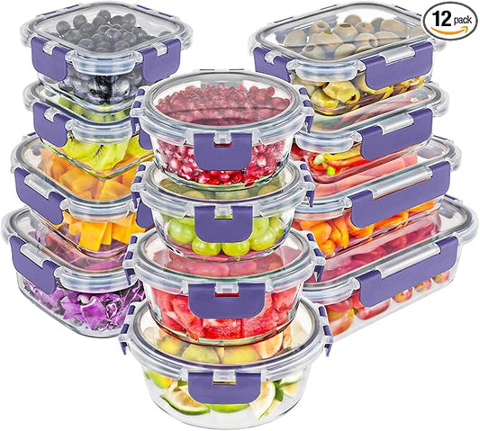 Magic Mill Glass Storage Containers with lids Set | Ultimate 24pc Sets with 12 Food Storage Containers & 12 Airtight Locking Lids for Lunch, Meal Prep, Fridge, Freezer, and Dishwasher Safe, BPA-Free
