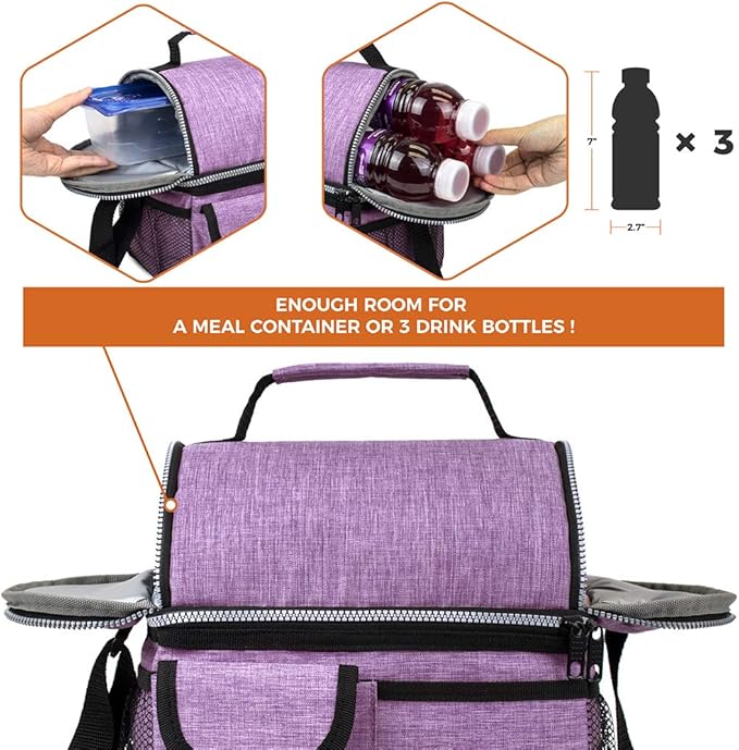 opux Lunch Bag Women Insulated, Adult Lunch Box Cooler, Lunch Box for Men, Dual Compartment Lunchbox for Work, Leakproof Double Decker Lunch Bag, Soft Lunch Pail Tote Girls Boys Kids School, Purple