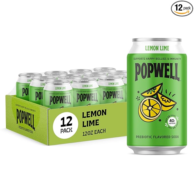 Popwell Lemon Lime Caffeinated Better-For-You Prebiotic Soda, with 6g Fiber, 1g Sugar, Vitamins and Immunity Support, 12 fl oz Cans (pack of 12)
