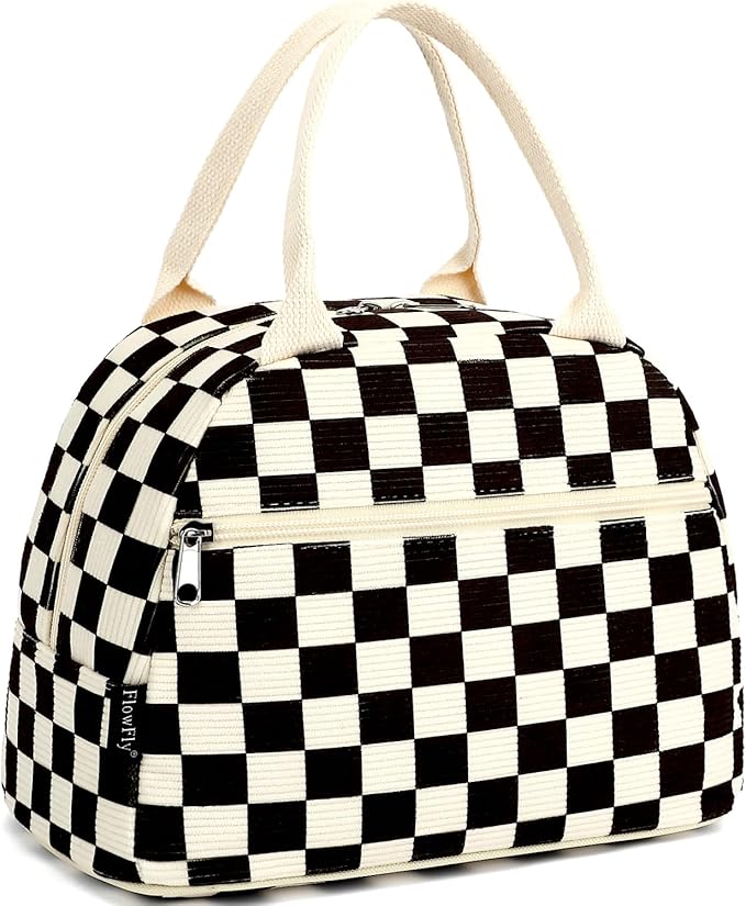 FlowFly Lunch Bag for Women Insulated Lunch Box Corduroy Lunch Tote Cooler for Travel Work Picnic,Corduroy Plaid Black