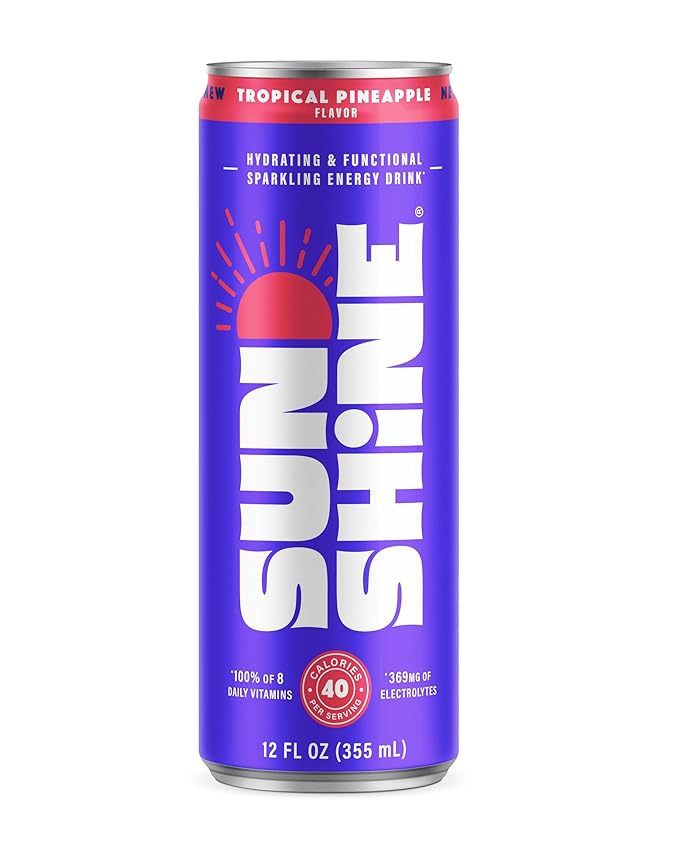 Sunshine Sparkling Energy Drink, Tropical Pineapple with Daily Essential Vitamins, 360mg of Electrolytes, 70mg of Natural Caffeine, 12 Fl Oz (Pack of 12)