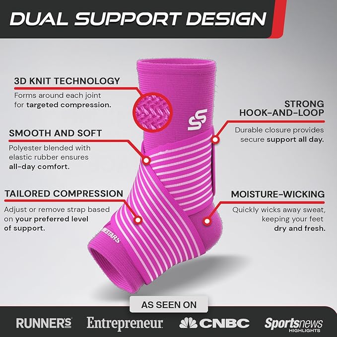 Sleeve Stars Ankle Brace for Women & Men, Ankle Wrap for Sprained, Compression Sleeve for Plantar Fasciitis Relief, Easy Customizable Support: w/ Removable Strap (Single/M:10"-12"/Hot Pink)