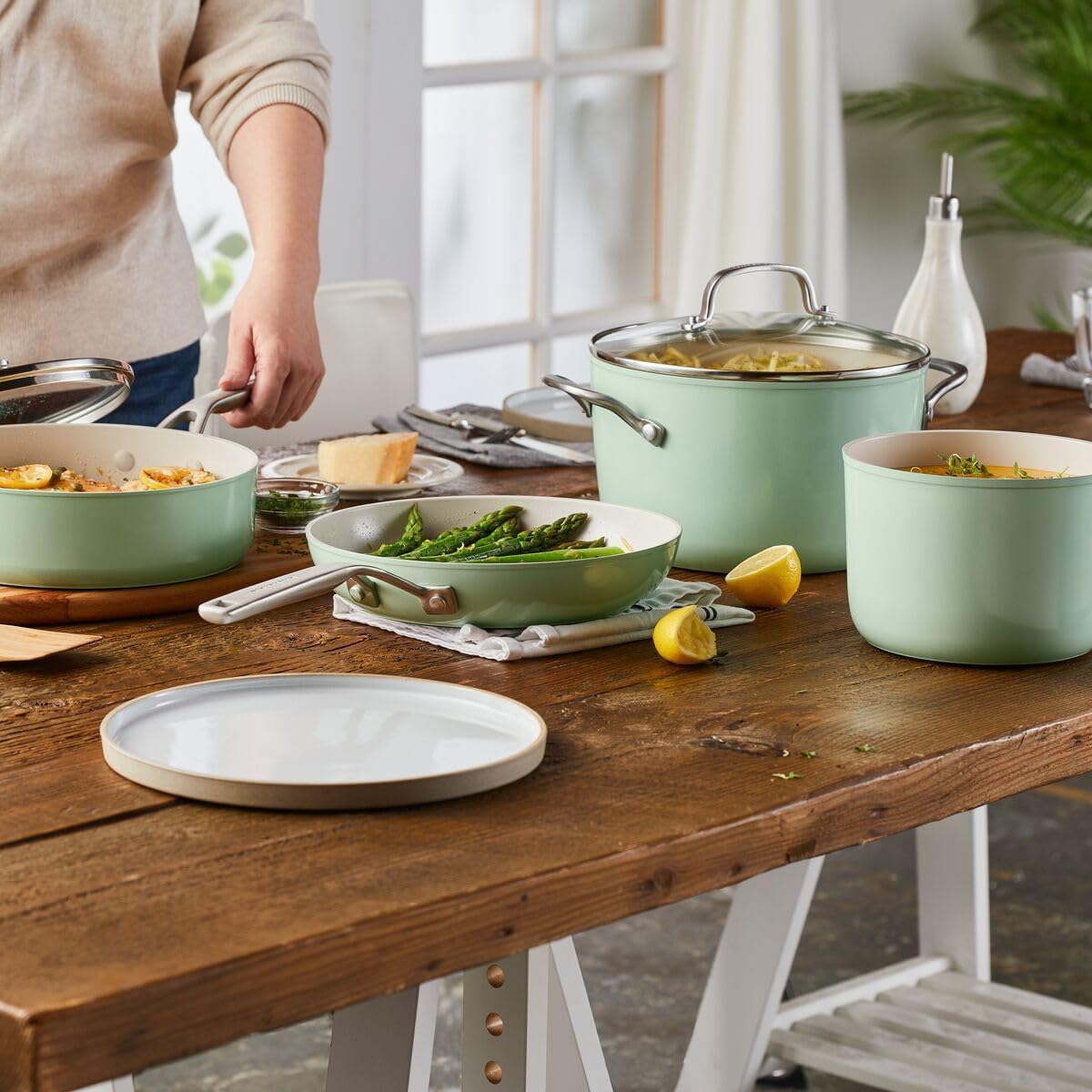 KitchenAid Hard Anodized Ceramic 9-Piece Nonstick Cookware Set – Includes Fry Pans, Saucepan, Stockpot, Durable, Even Heating, Oven Safe to 500°F, Pistachio